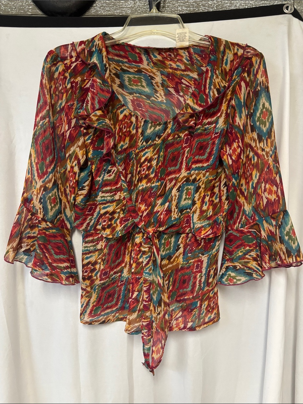 Tie-Front Ruffle Blouse in Multicolor Ikat
